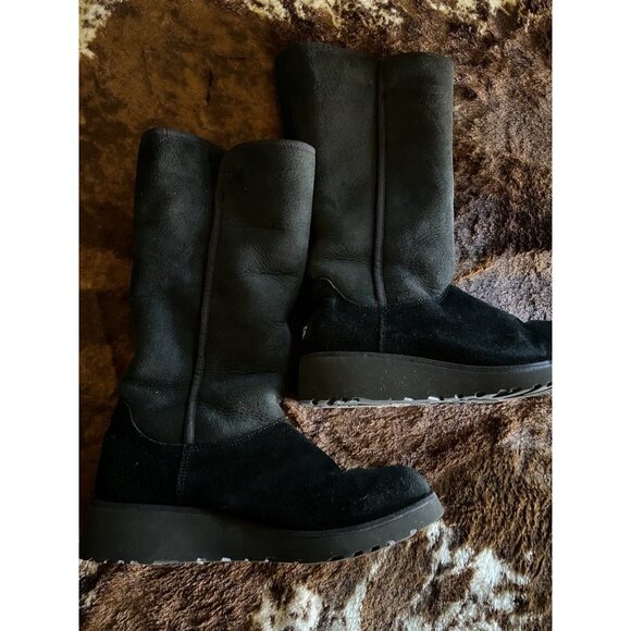 UGG Shoes - UGG Amie Black Suede Fur Wedge Boots Womens Size 8
